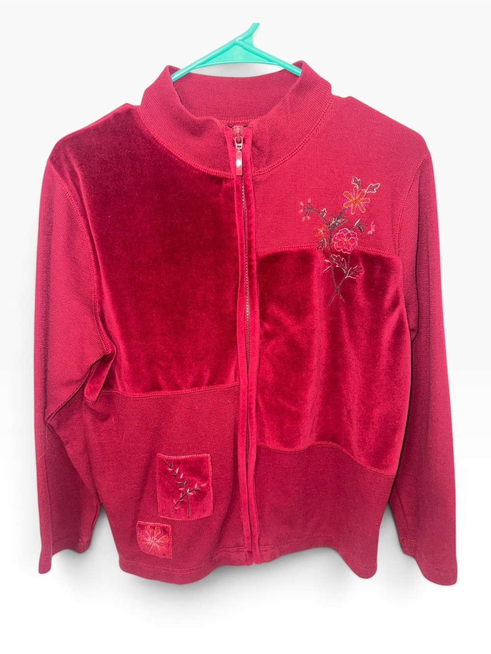 Erika Petite Burgundy Velour Floral Embroidered Zip Front Jacket Cardigan PM